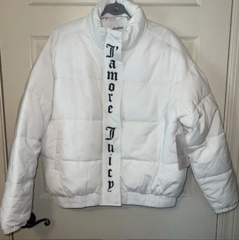 Juicy Couture Onyx Logo Puffer Women's White Lined Jacket NWT Size Small